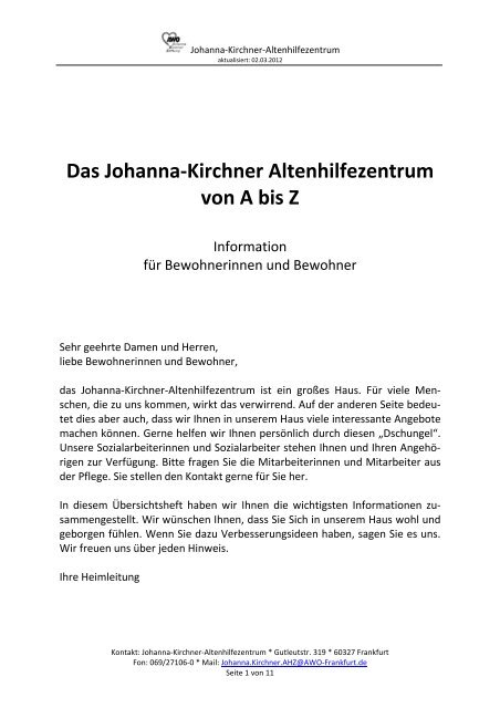 Das Johanna Kirchner Altenhilfezentrum Von A Bis Z Awo