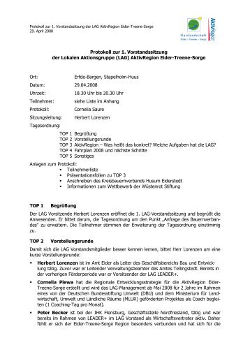 Vorstandssitzung (01.) LAG Eider-Treene-Sorge am 29.04 - in der ...