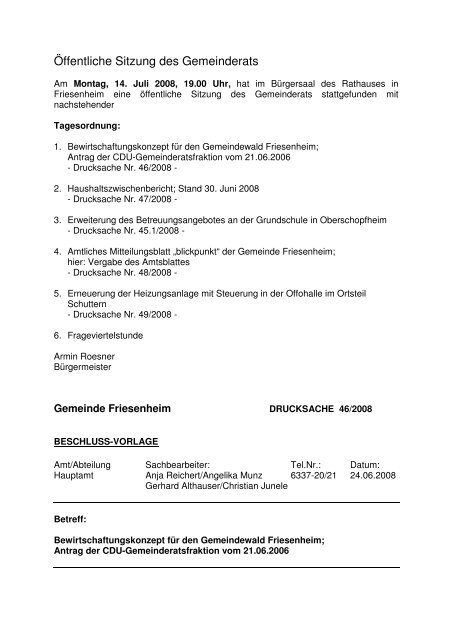 Öffentliche Sitzung des Gemeinderats - Gemeinde Friesenheim