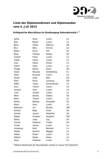 Liste Diplomanden Diplomfeiern 4. und 7 - PHZ Luzern