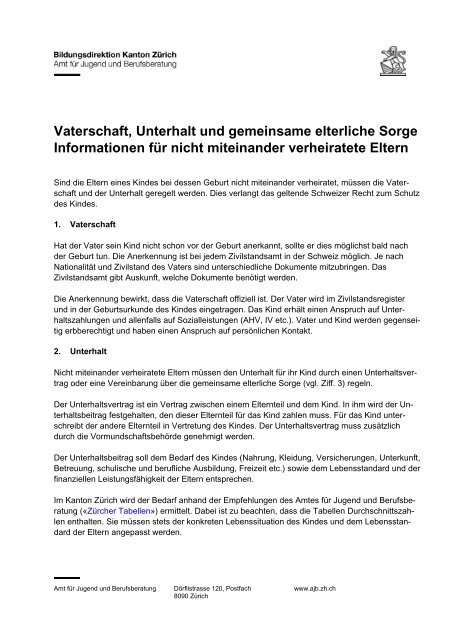 Merkblatt Vaterschaft, Unterhalt und gemeinsame elterliche Sorge