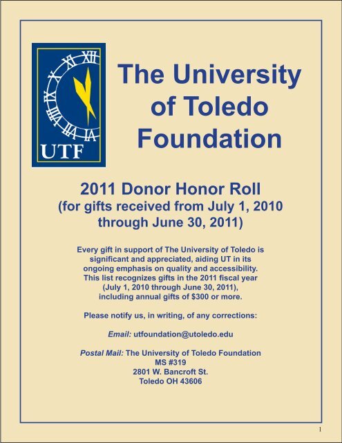 The University Of Toledo Foundation 2011 Donor Honor Roll