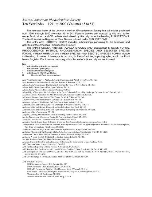 JARS 10-Year Index - American Rhododendron Society