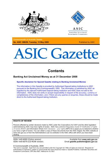 ASIC Gazette - Australian Securities and Investments Commission