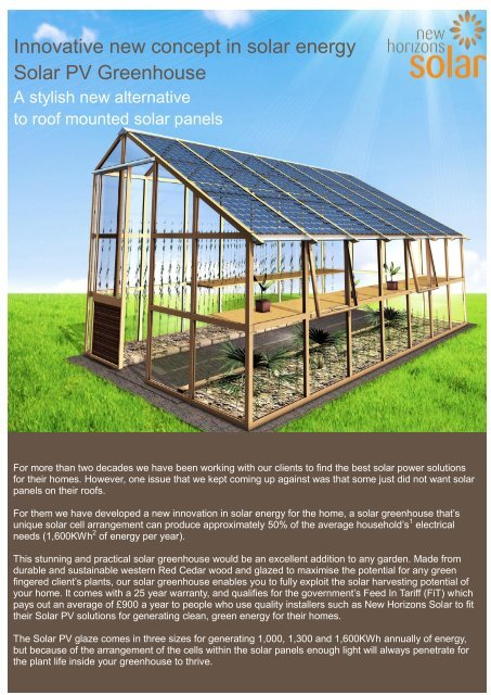 Innovative new concept in solar energy Solar PV Greenhouse