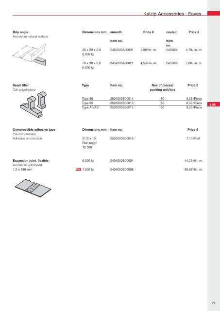 Price list Kalzip® Systems