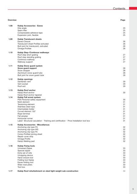 Price list Kalzip® Systems