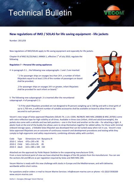 New regulations of IMO / SOLAS for life saving