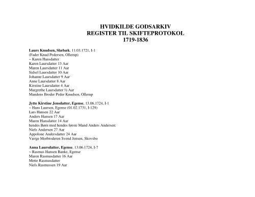 hvidkilde godsarkiv register til skifteprotokol 1719-1836