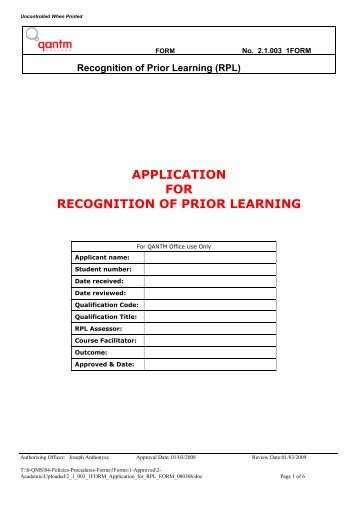 APPLICATION FOR RECOGNITION OF PRIOR LEARNING