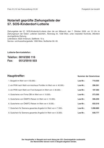 Notariell geprüfte Ziehungsliste der 57. Sos-Kinderdorf-Lotterie