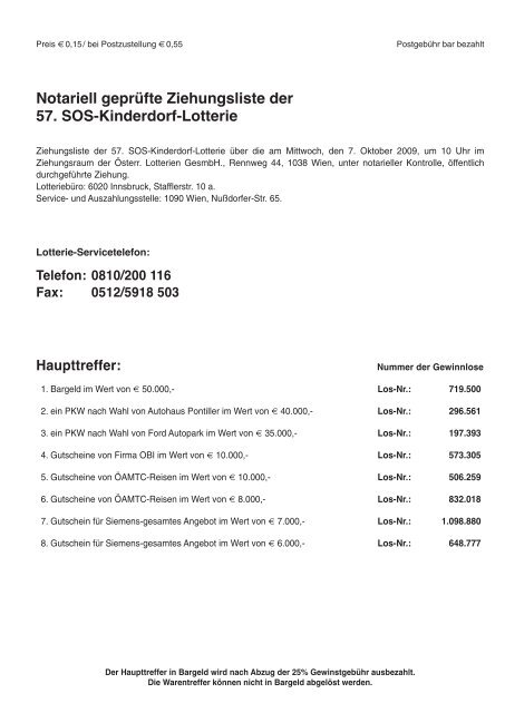 Notariell geprüfte Ziehungsliste der 57. Sos-Kinderdorf-Lotterie