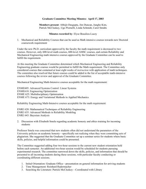 Graduate Committee Meeting Minutes Date Of Mtg Department Of Graduate Committee Meeting Minutes Date Of Mtg Department Of