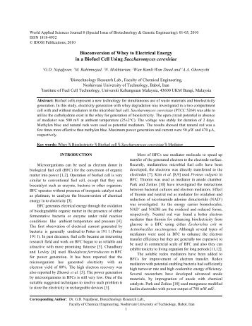 Bioconversion of Whey to Electrical Energy in a Biofuel Cell using