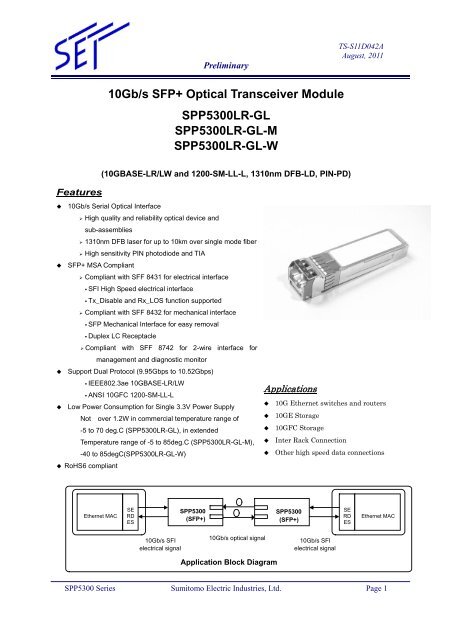 Optical Transceiver Sumitomo Electric SPP5200LR-GL-M 10gb//s SFP
