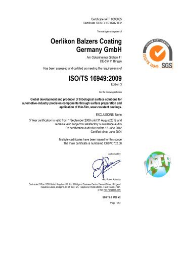 Oerlikon Balzers Coating Germany Gmbh ISO/TS 16949:2009