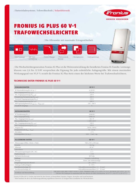 fronius ig plus 60 v-1 trafowechselrichter - Fronius International GmbH