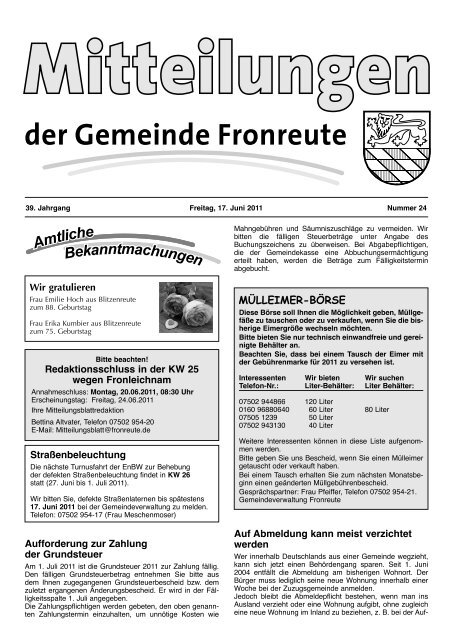 Mitteilungsblatt vom 17.06.2011 - Nummer 24 - Fronreute
