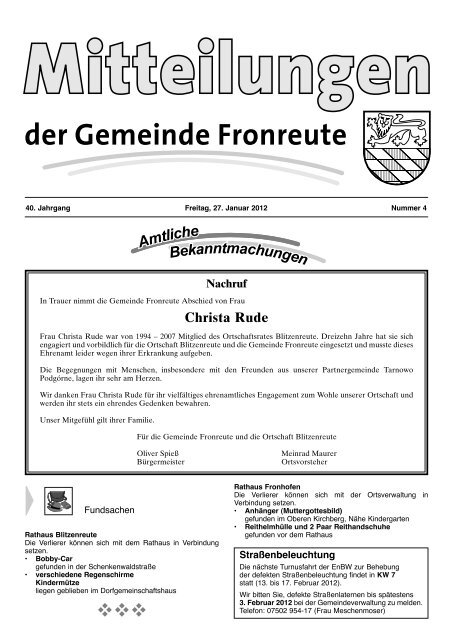 Mitteilungsblatt vom 27.01.2012 - Nummer 4 - Fronreute