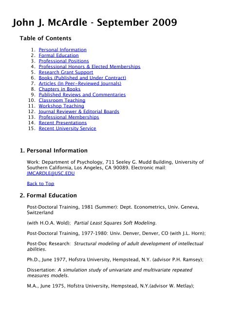John J. McArdle CV - Health and Retirement Study - University of 