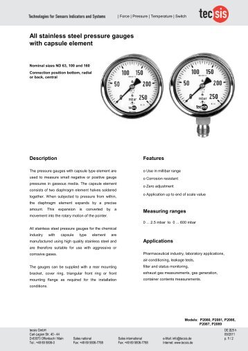 All stainless steel pressure gauges with capsule element - Tecsis