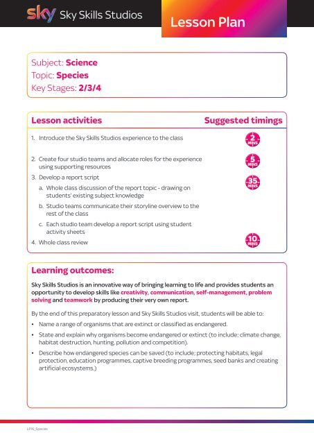 Download an example lesson plan - Sky Skills Studios