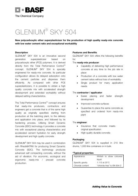 Datasheet - Glenium Sky 504 - BASF Construction Chemicals