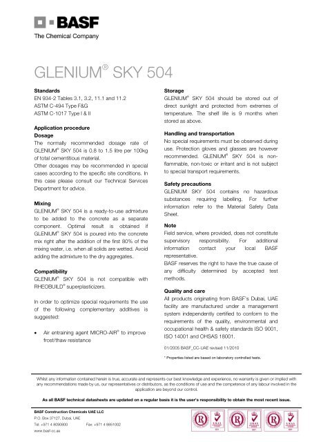 Datasheet - Glenium Sky 504 - BASF Construction Chemicals