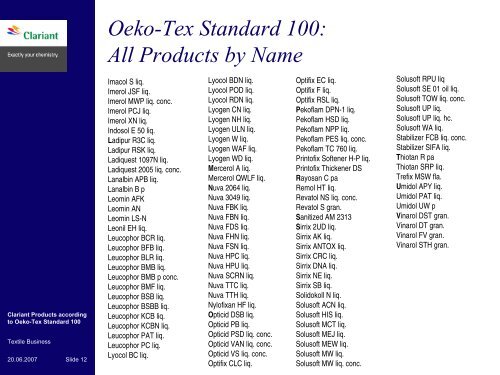 Clariant Products according Oeko-Tex 100 Standard
