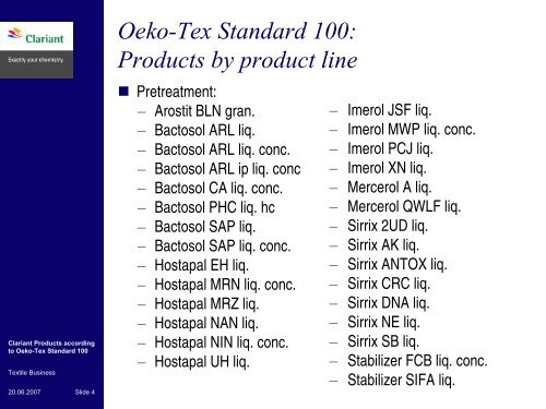 Clariant Products according Oeko-Tex 100 Standard