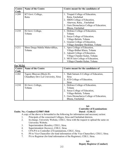 Exam. Centres for B.Ed. & M.Ed - Chaudhary Devi Lal University, Sirsa