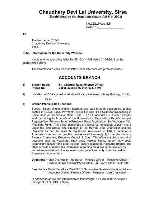Accounts Branch Chaudhary Devi Lal University Sirsa