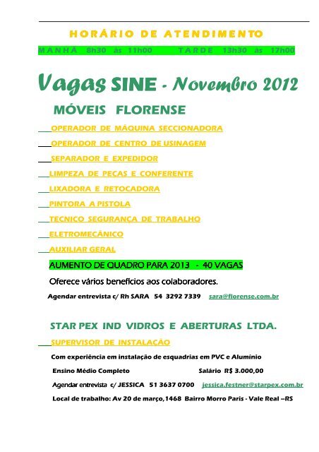 VAGAS NO SINE- Novembro 2012