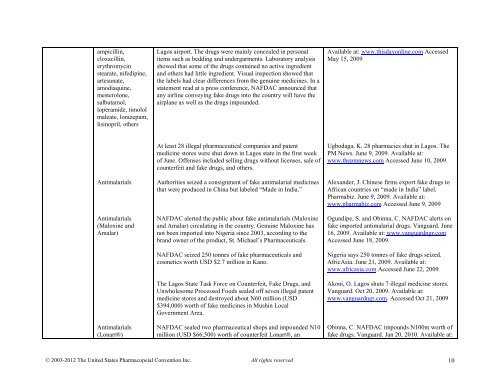 Media Reports on Medicines Quality - US Pharmacopeial Convention