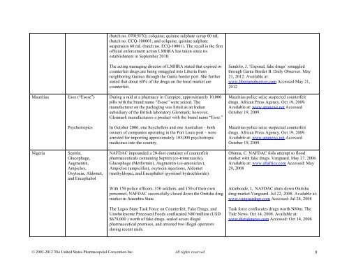 Media Reports on Medicines Quality - US Pharmacopeial Convention