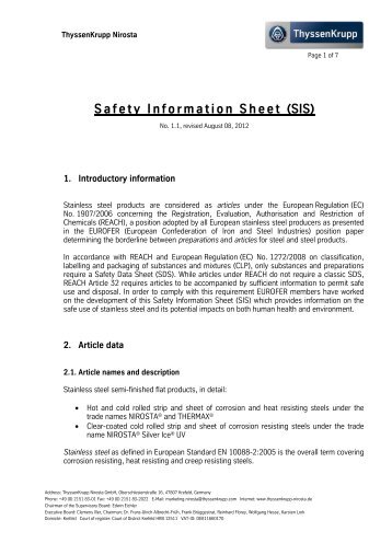 Safety Information Sheet (SIS) - ThyssenKrupp Nirosta