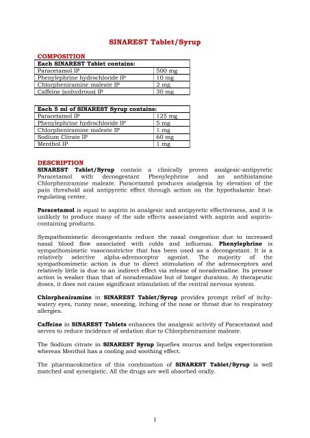 Sinarest Tab Composition SINAREST Tablet/Syrup