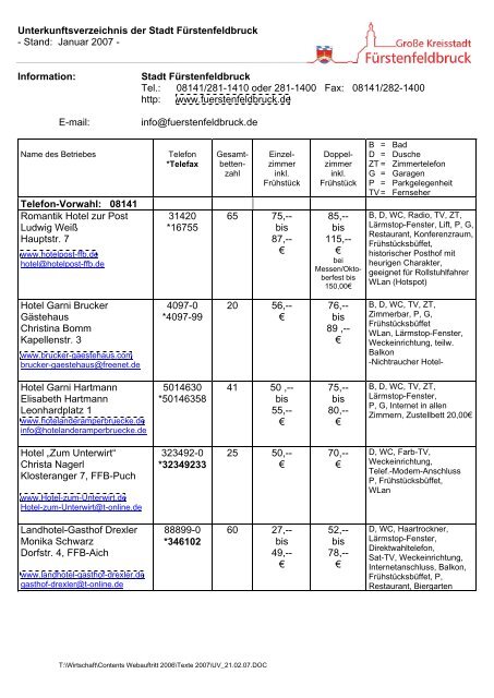 Unterkunftsverzeichnis der Stadt Fürstenfeldbruck - in ...