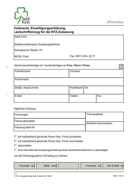 KFZ-Zulassung: Vollmacht, Einwilligungserklärung und ... - Stadt Fürth