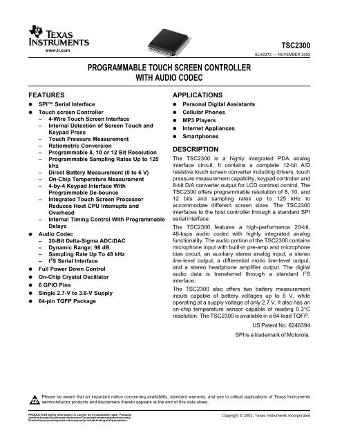 Programable Touchscree Controller Programmable Touch Screen Controller With Audio Codec
