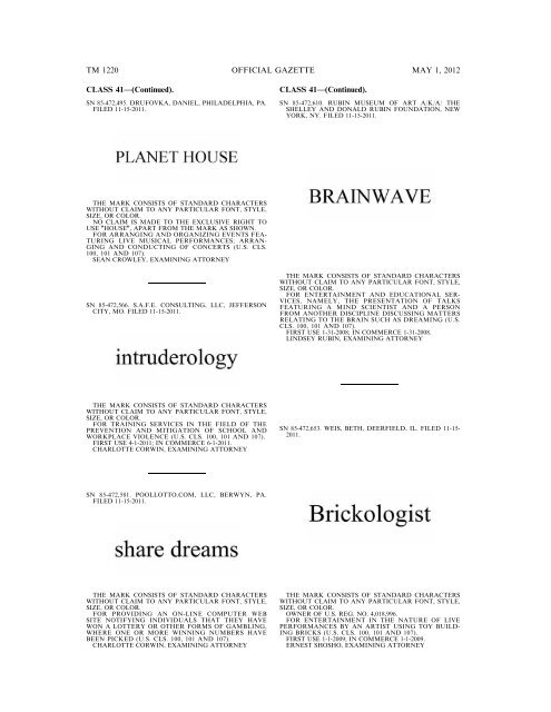 marks published for opposition - U.S. Patent and Trademark Office