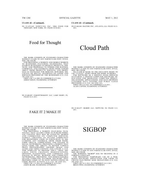 marks published for opposition - U.S. Patent and Trademark Office