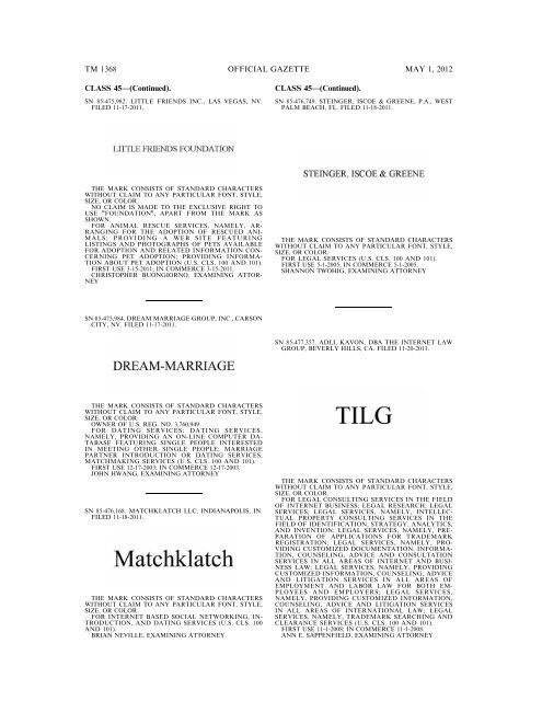 marks published for opposition - U.S. Patent and Trademark Office