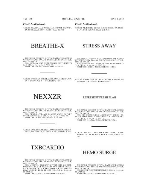 marks published for opposition - U.S. Patent and Trademark Office