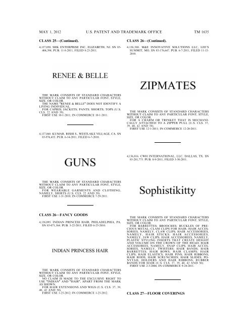 marks published for opposition - U.S. Patent and Trademark Office