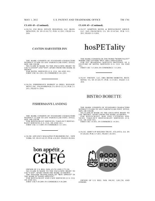 marks published for opposition - U.S. Patent and Trademark Office