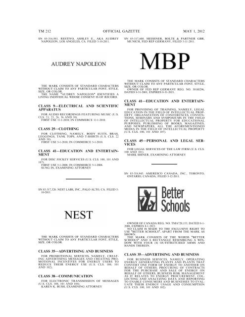 marks published for opposition - U.S. Patent and Trademark Office