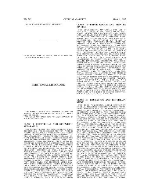 marks published for opposition - U.S. Patent and Trademark Office