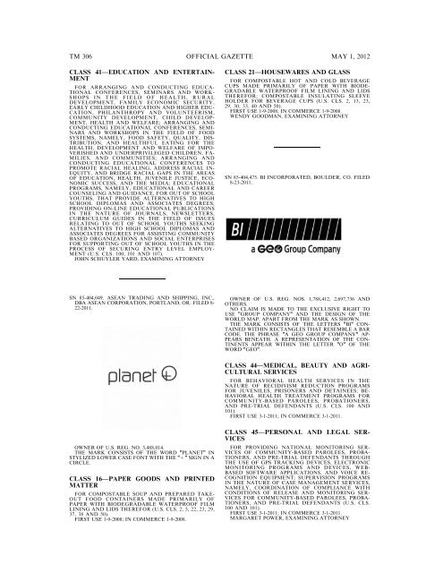 marks published for opposition - U.S. Patent and Trademark Office