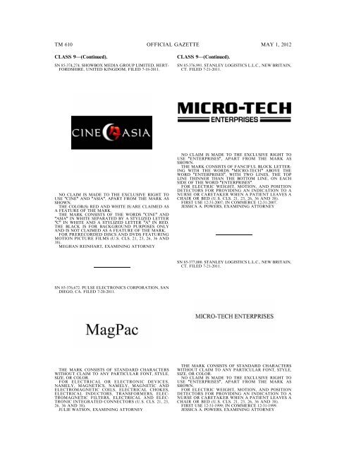 marks published for opposition - U.S. Patent and Trademark Office